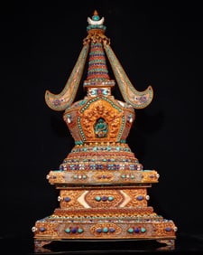 A beautiful Tibetan silver cloisonné inlaid gemstone pagoda
