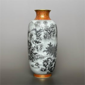 A Qing Dynasty Qianlong year alum red gilded pattern edge ink color landscape inscription poem