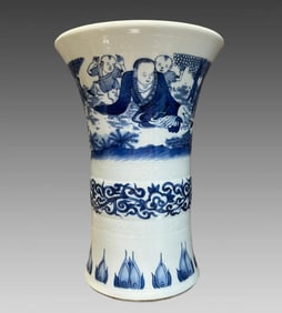 A beautiful blue and white cloth bag and monk picture cup