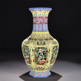 A pastel hollow flower and fruit pattern hexagonal set of bottles made in the Qianlong period of the
