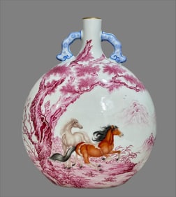 A Qing Dynasty enamel colored horse picture binaural moon holding vase