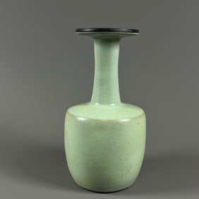 A Song Dynasty Ru kiln azure glaze inlaid silver buckle pan mouth bottle