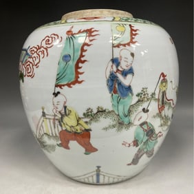 A Qing Dynasty Kangxi colorful unicorn sending a jar