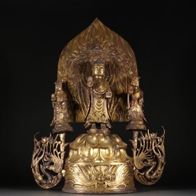 A beautiful bronze gilt statue of one Buddha and two disciples
