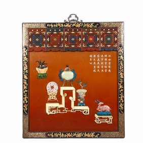 A Qing Dynasty wooden tire lacquer inlaid with poetry, literature, and ancient pictures hanging