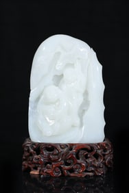 A piece of exquisite Hetian white jade and two immortals