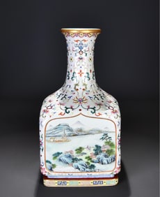 A pastel lotus pattern consecrated landscape water vertebral vase made in the Qianlong period of the