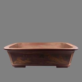 A purple clay clay painting landscape floating mouth rectangular basin made by Chen Wenqing in the