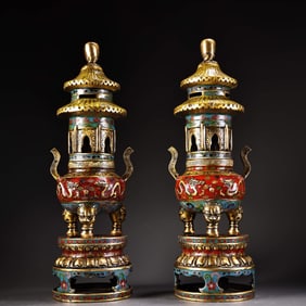 A pair of carved cloisonné gilt tower-shaped incense burners