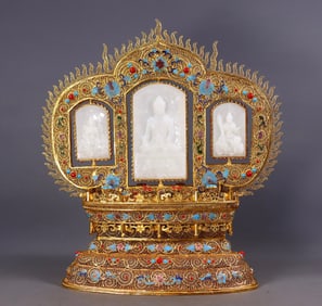 A Ming Dynasty filigree gilt inlaid Hetian white jade Three Holy Buddha screen