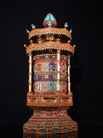 A beautiful Tibetan silver cloisonné inlaid with gemstones prayer wheel