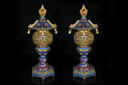 A pair of copper cloisonné enamel palace lamps made in the Qianlong period of the Qing Dynasty