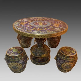 A beautiful cloisonné fully gilt dragon and phoenix drum stool round table