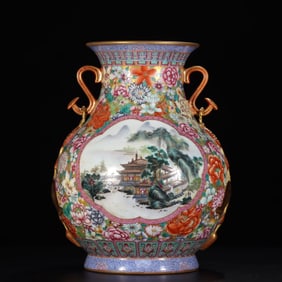 A year-made pastel gold-painted kaleidoscope landscape wishful amphora made in the Qing Dynasty
