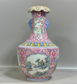 A Qing Dynasty Qianlong year foreign color carmine flower entwined window landscape floral pattern