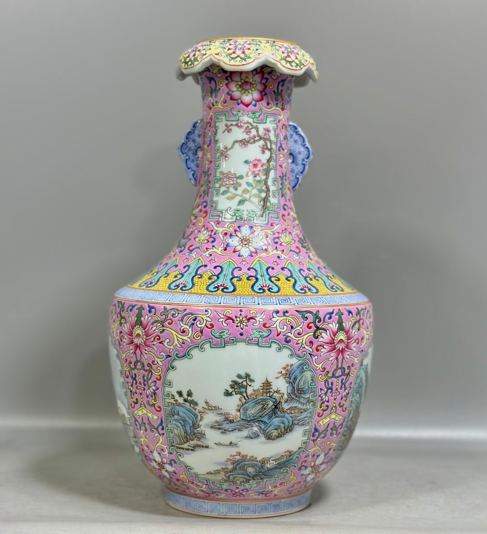 A Qing Dynasty Qianlong year foreign color carmine flower entwined window landscape floral pattern: Qing Dynasty Qianlong year foreign color carmine red flower entwined window landscape flower pattern amphora ruyi mouth bottle SIZE: H:32cm Belly D:19cm (The Dimensions Of All Batches Are Manually Mea