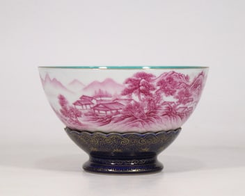A carmine red landscape gilded bowl made in the Qianlong period of the Qing Dynasty