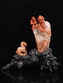 A beautiful Shoushan crystalline hibiscus stone carving Su Wu shepherd ornament