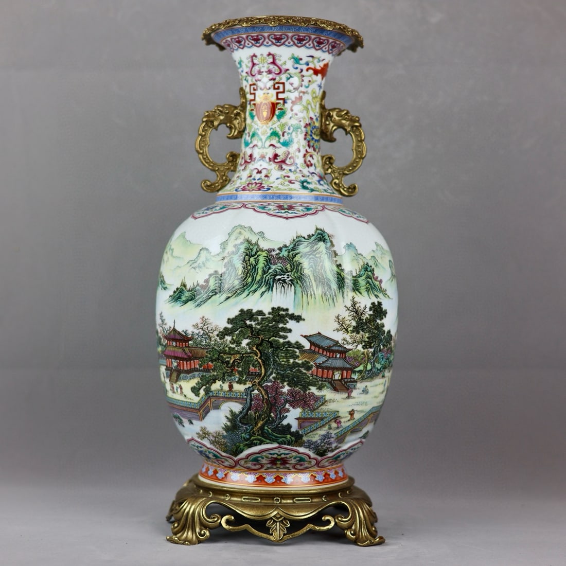 A beautiful pastel landscape inlaid copper lace amphora: Exquisite pastel landscape inlaid copper lace amphora appreciation vase SIZE: H:48.5cm Mouth D:15.5cm D:22cm Bottom:19.5cm (The Dimensions Of All Batches Are Manually Measured.If You Need More Detaile