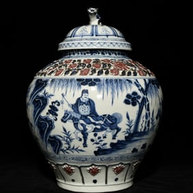 A Yuan Dynasty blue and white glaze red pinched flower Wei Chigong single whip savior pattern lid