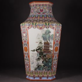 A piece of Qing Dynasty Qianlong year-made pastel Gu Yuexuan window four famous buildings octagonal