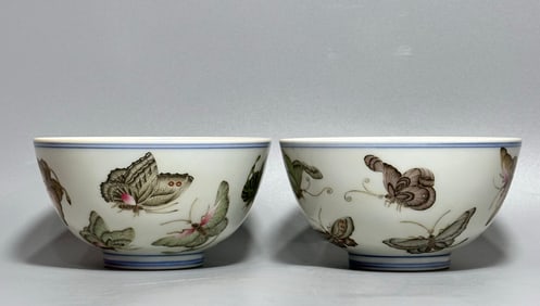 A pair of pastel butterfly plate pattern bowls made in the Yongzheng era of the Qing Dynasty