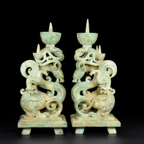 A pair of exquisite Hetian jade dragon lighthouses