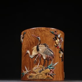 A Qing Dynasty Huanghuali inlaid with a multi-treasure crane pen holder