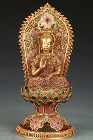 A Qing Dynasty filigree gilt inlaid with gemstone Buddha statue