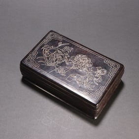 A Qing Dynasty rosewood pinched silver silk pattern lid box