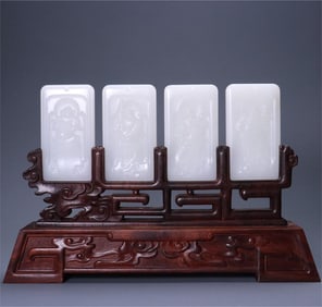 A set of exquisite Hetian white jade four heavenly kings inserted screens
