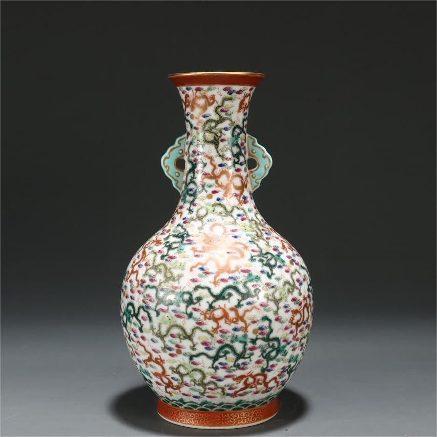 A beautiful enamel dragon pattern amphora jade pot spring vase: Exquisite enamel dragon pattern amphora jade pot spring vase SIZE: H:23cm W:13.2cm (The Dimensions Of All Batches Are Manually Measured.If You Need More Detailed Information, Please Contact Our Custom