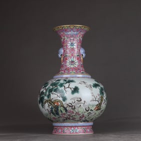 A carmine entwined flower open-window pine crane longevity amphora made in the Qianlong period of