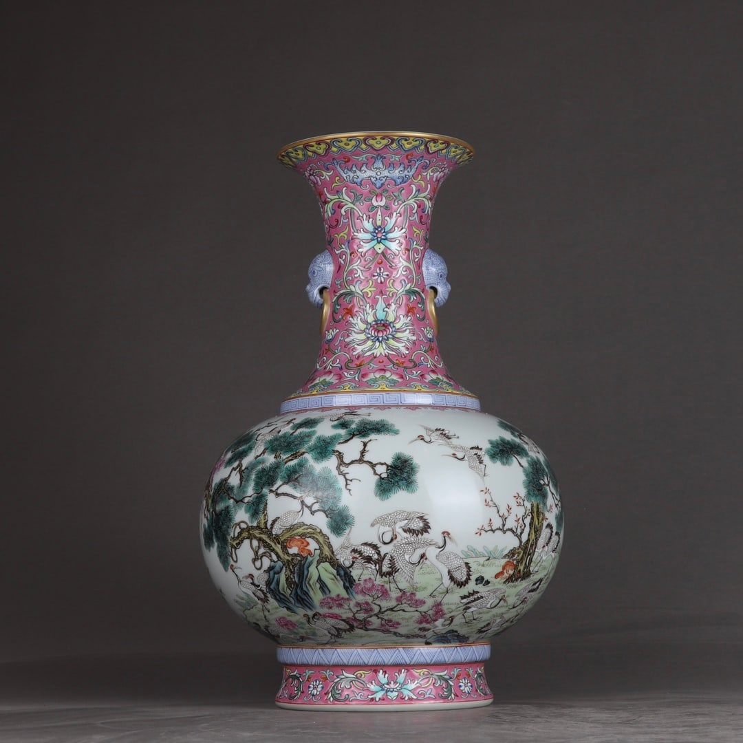 A carmine entwined flower open-window pine crane longevity amphora made in the Qianlong period of: Qing Dynasty Qianlong year carmine entwined flower window pine crane longevity amphora SIZE: H:30.2cm Belly D:21cm (The Dimensions Of All Batches Are Manually Measured.If You Need More Detailed Inform