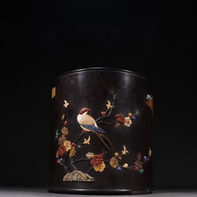A Qing Dynasty rosewood inlaid with multi-treasure flower and bird pattern pen holder