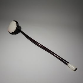 A beautiful Hetian jade inlaid rosewood ruyi