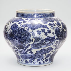 A blue and white lotus pond mandarin duck pattern jar from the Yuan Dynasty