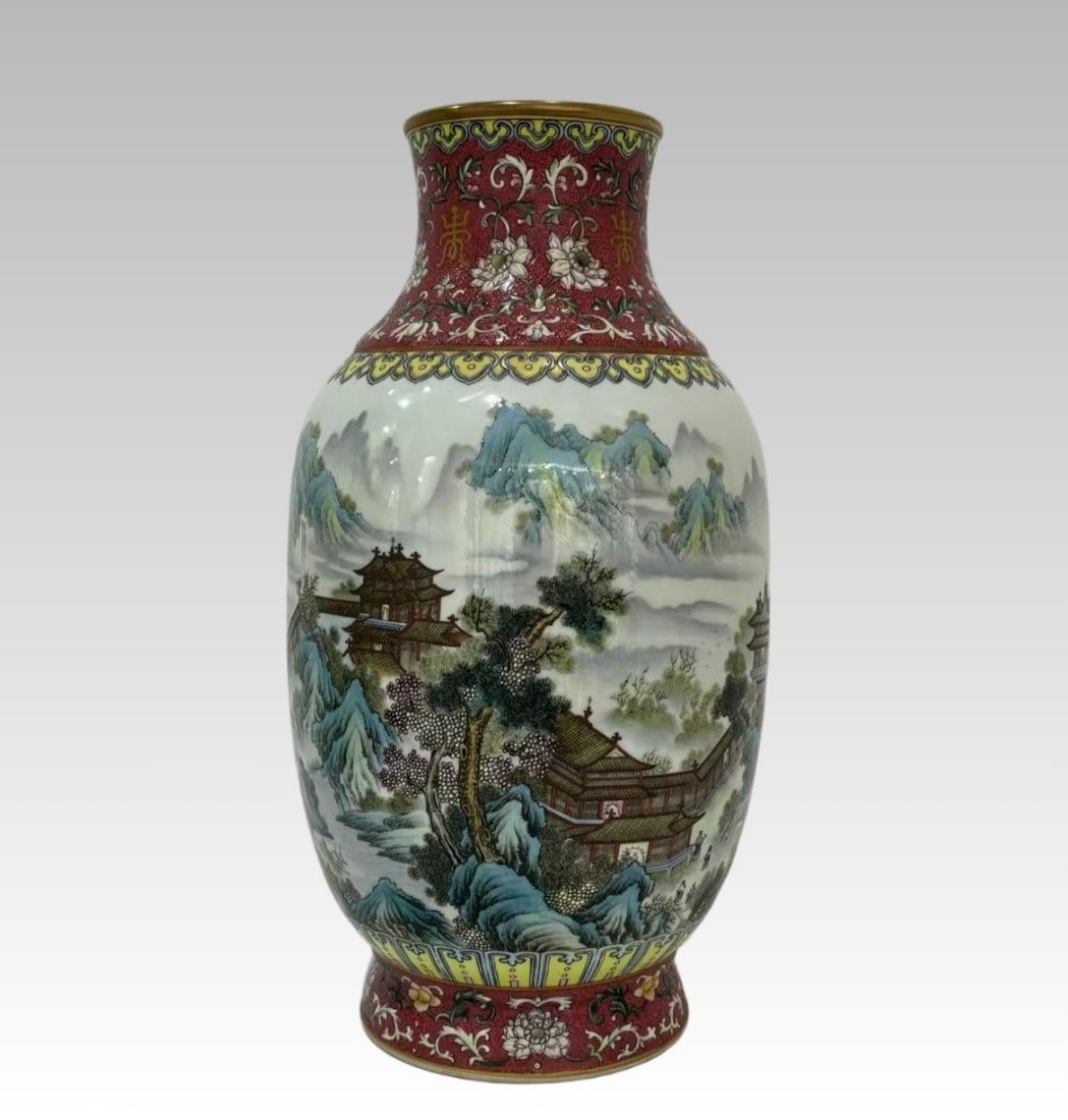 A carmine red rolling road Tongjing landscape water bottle made in the Qianlong period of the Qing (1 of 8)