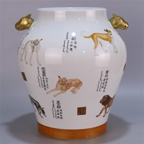 A Qianlong enamel color of the Qing Dynasty Lang Shining Ten Dog Head Zun