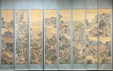 A landscape painting by Yuan Jiang with eight screens