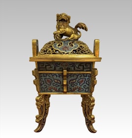 A Qing Dynasty Qianlong cloisonné enamel gluttonous pattern golden lion incense tripod