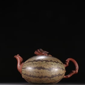 A purple sand watermelon-shaped teapot of Jiang Rong's style