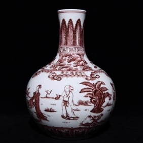 A Ming Dynasty Xuande glazed red character story pattern sky ball bottle