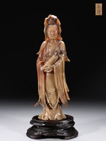 A Qing jade spin Shoushan hibiscus stone carving scripture Guanyin statue