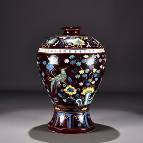 A Ming Dynasty Jianwen Jihong colorful flower and bird pattern plum vase