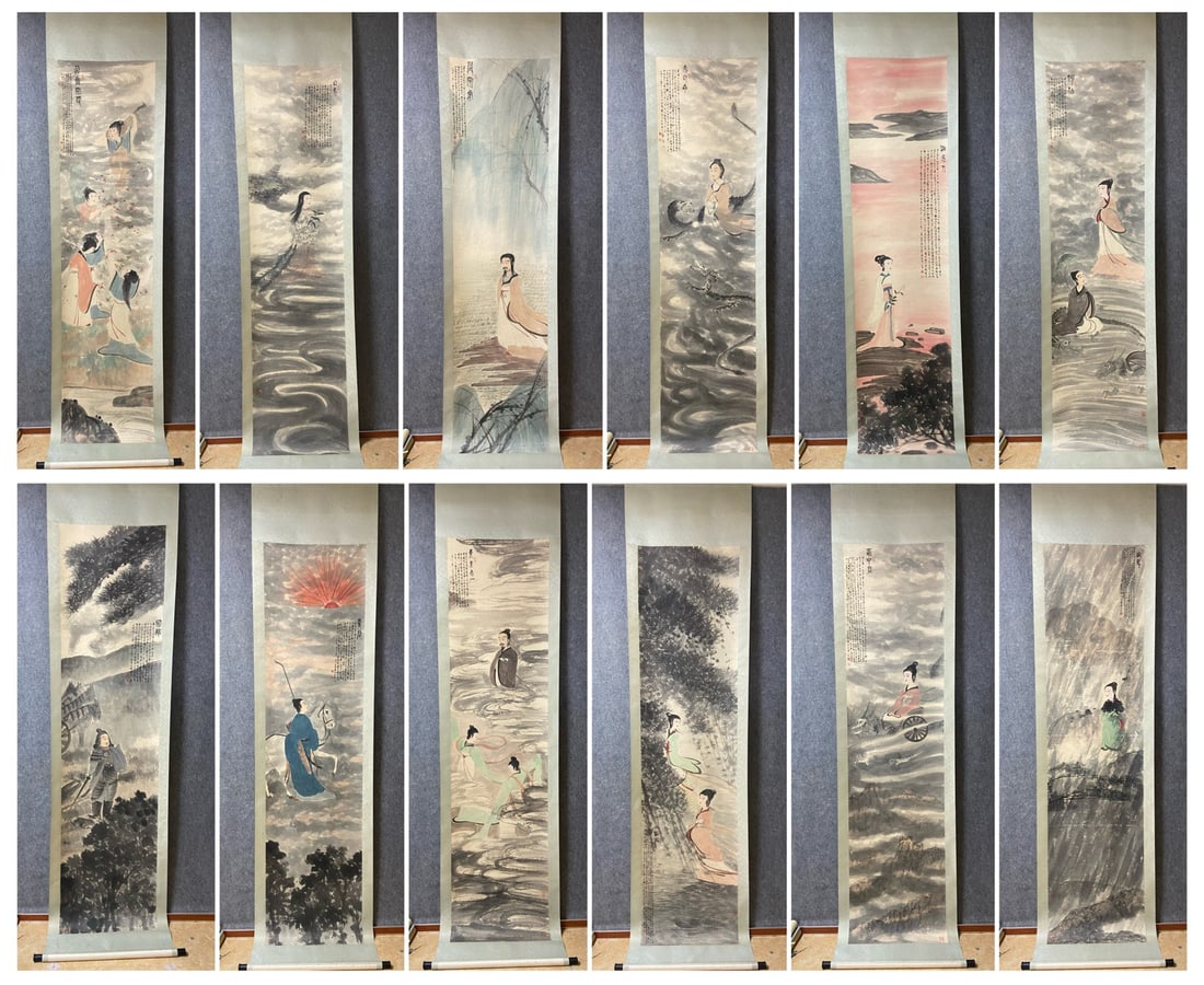 A picture of Fu Baoshi's "Qu Yuan Nine Songs" twelve screens: Fu Baoshi's "Qu Yuan's Nine Songs" Twelve Screens [Detail] Fu Baoshi's "Qu Yuan's Nine Songs" twelve screens, a single height of 238 cm and a width of 59 cm, is an epic figure painting masterpiece in