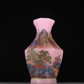 A Qing Dynasty pink glazed painted landscape vase