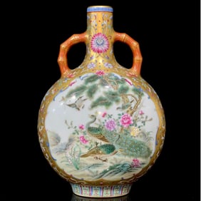 A Qing Dynasty Qianlong gold ground pattern, peacock, flower and bird inscription, open window, alum