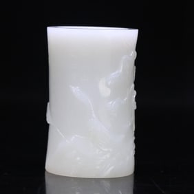 A Hetian jade "Lotus Pond Double Goose Picture" pen holder