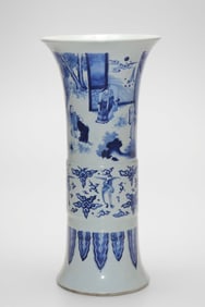 A Ming Chongzhen blue and white character story pattern flower arrangement